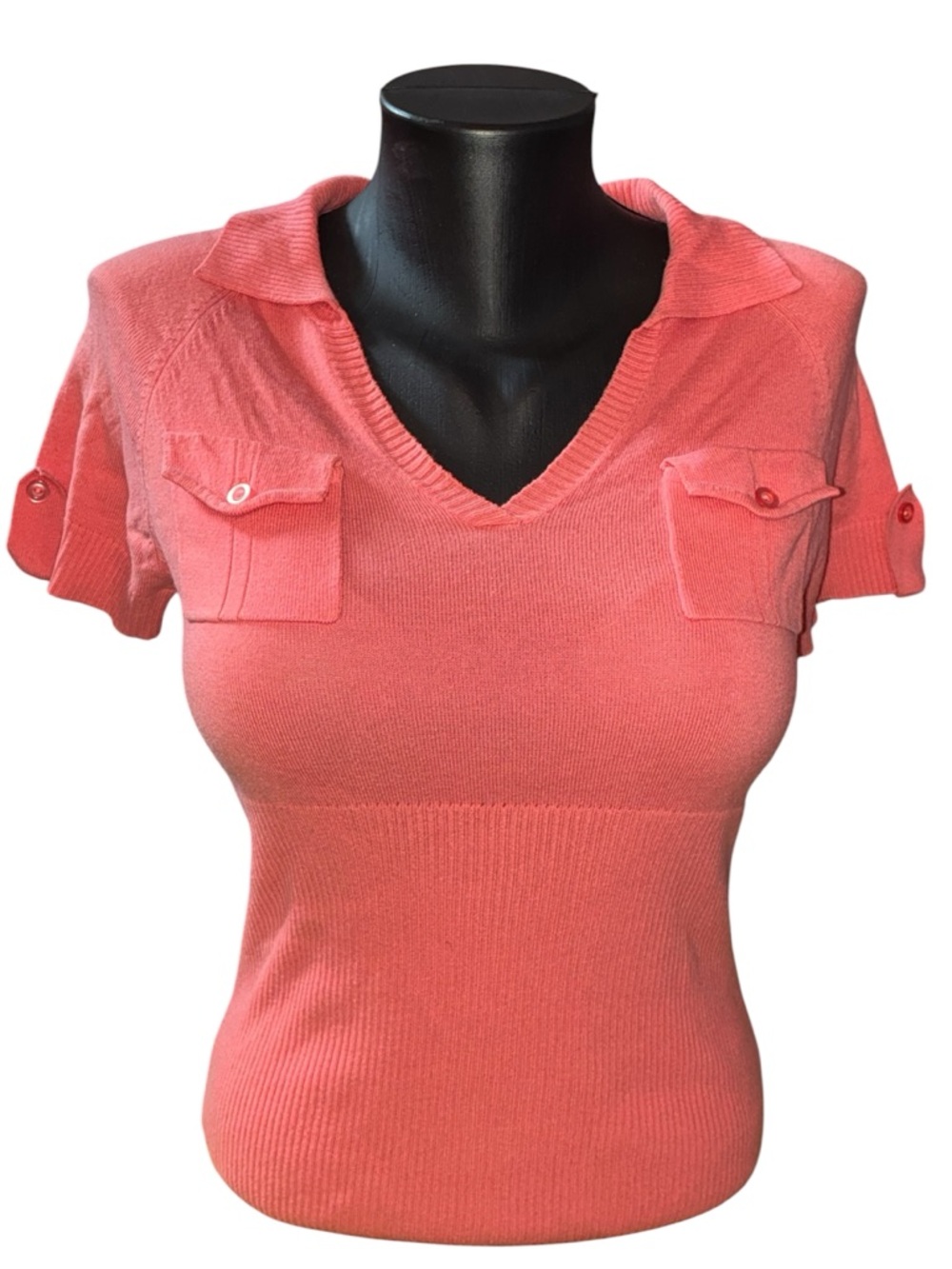 Women’s Coral Short-Sleeve V-Neck Button Detail Knit Top